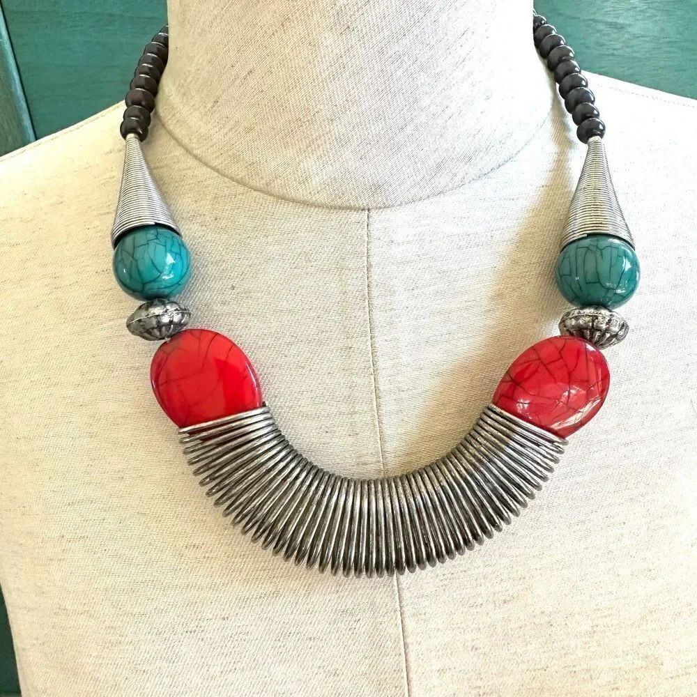 Red blue and silver statement necklace